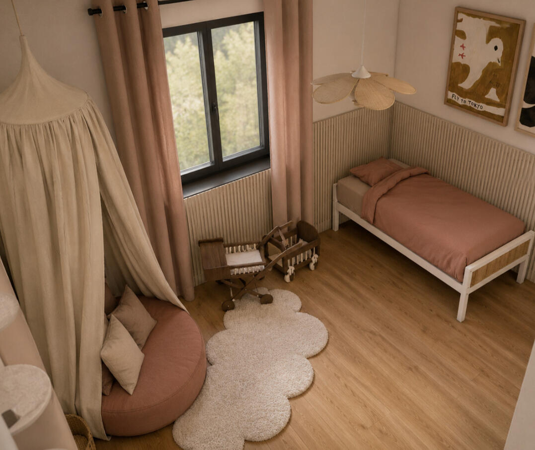 Chambre d'enfant avec ciel de lit — Atelier Luzons Chambre d'enfant avec ciel de lit rose poudré et tapis festonné, décoration Atelier Luzons