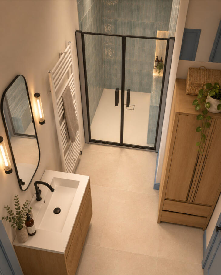 Douche à l'italienne vue en plongée — Atelier Luzons Douche à l'italienne avec paroi vitrée noire et meuble vasque bois vue de dessus, salle de bain Atelier Luzons