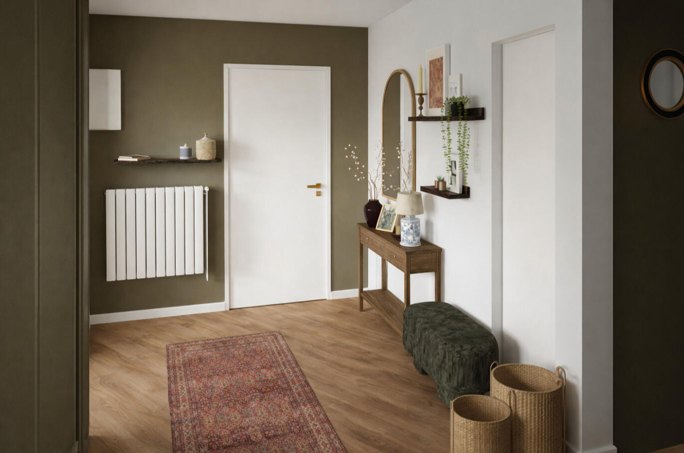 Entrée avec mur vert olive — Atelier Luzons Entrée d'appartement avec mur vert olive, console en bois et tapis kilim, décoration Atelier Luzons