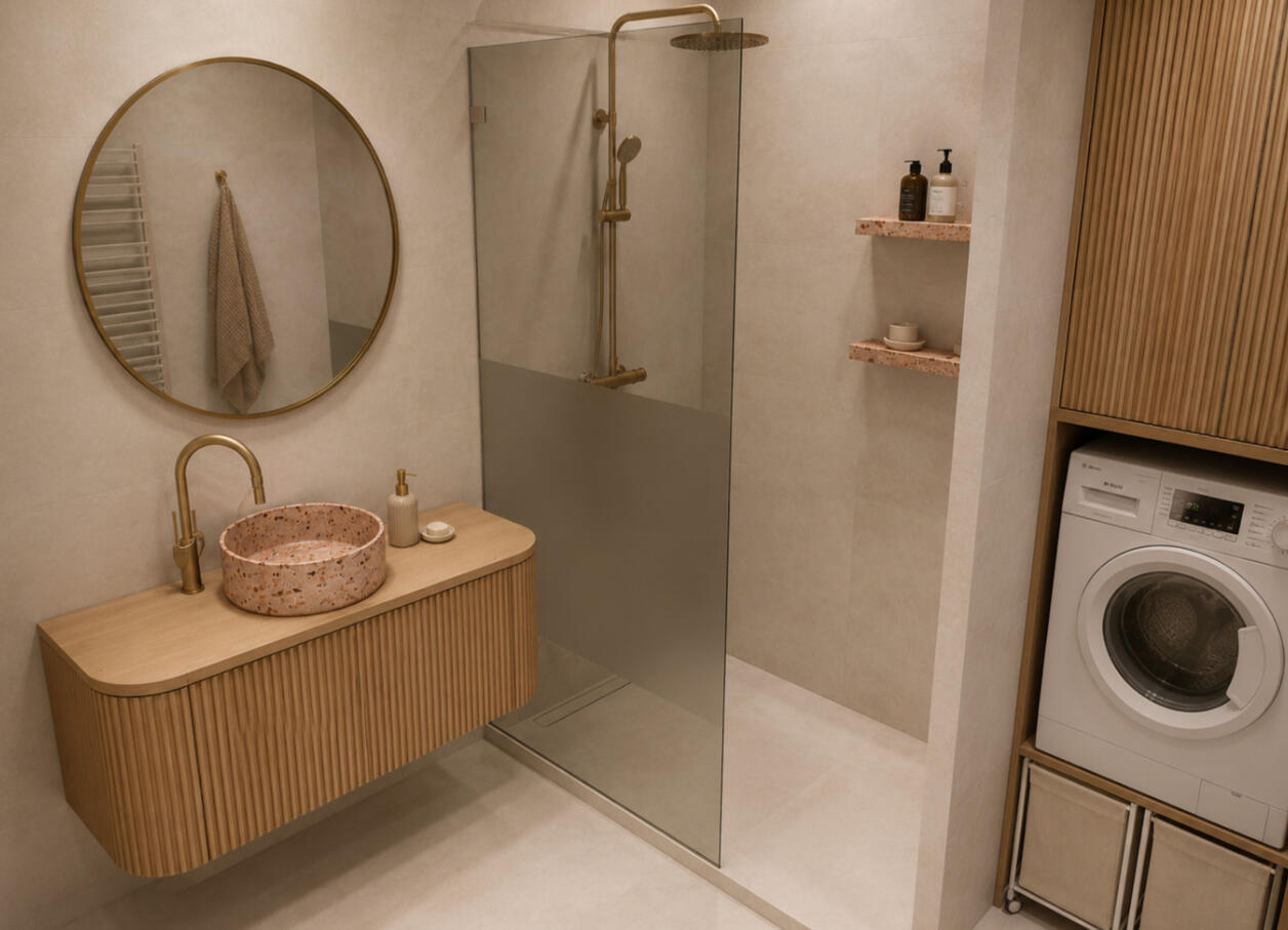 Salle de bain avec vasque effet galet — Atelier Luzons Salle de bain avec vasque rose effet galet, miroir rond doré et douche vitrée, rénovation Atelier Luzons