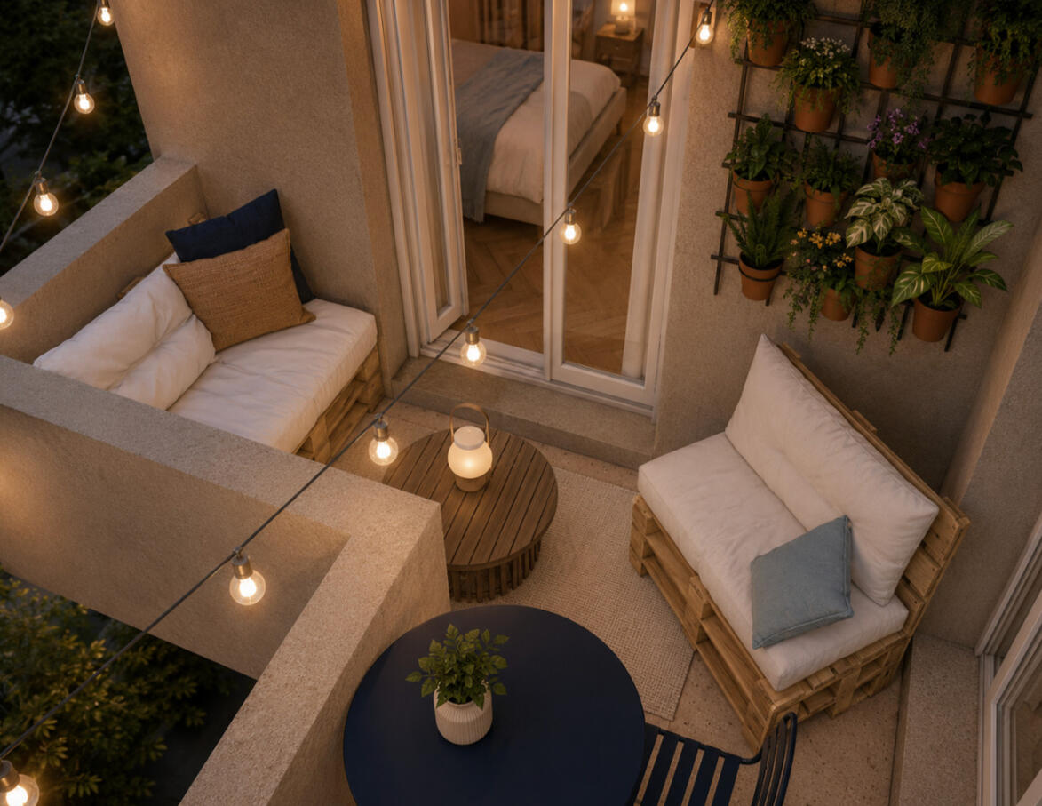 Terrasse végétalisée en soirée — Atelier Luzons Balcon aménagé avec mur végétal, guirlandes lumineuses et mobilier en rotin, projet extérieur Atelier Luzons