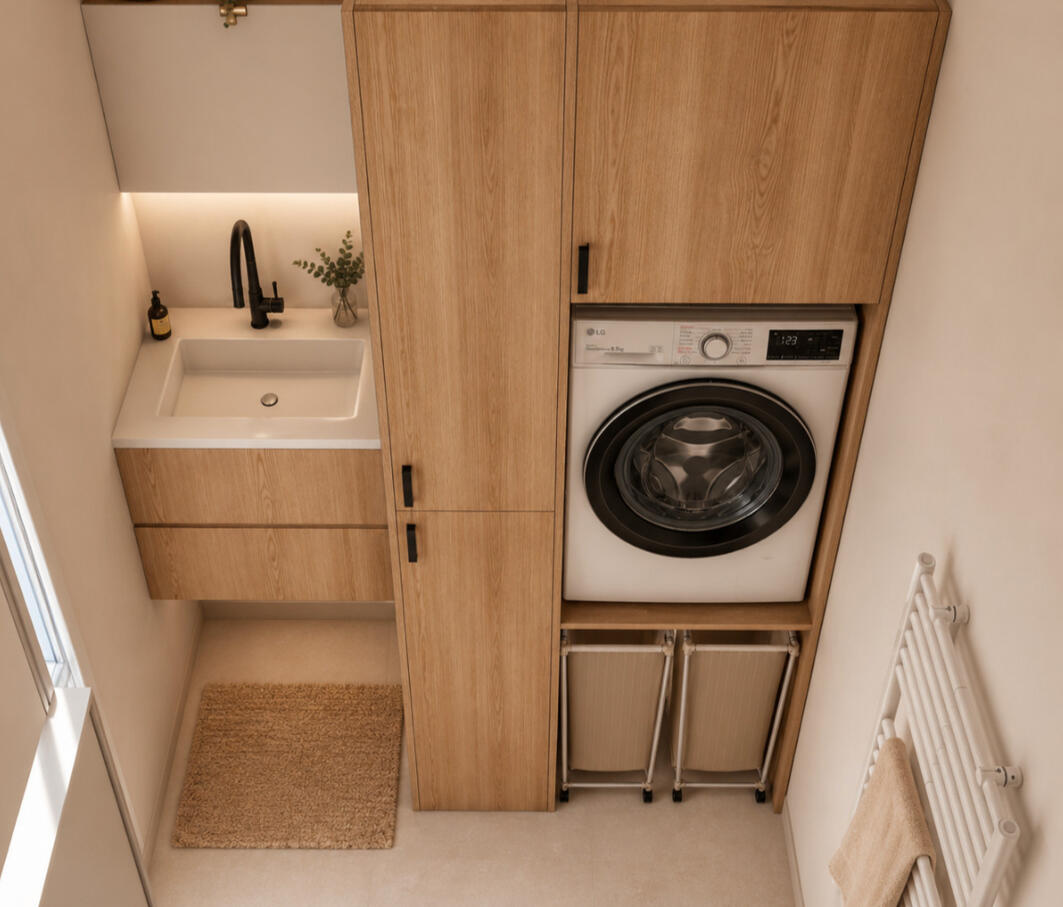 Buanderie intégrée sur mesure — Atelier Luzons Buanderie avec meuble bois sur mesure intégrant vasque et machine à laver, aménagement Atelier Luzons