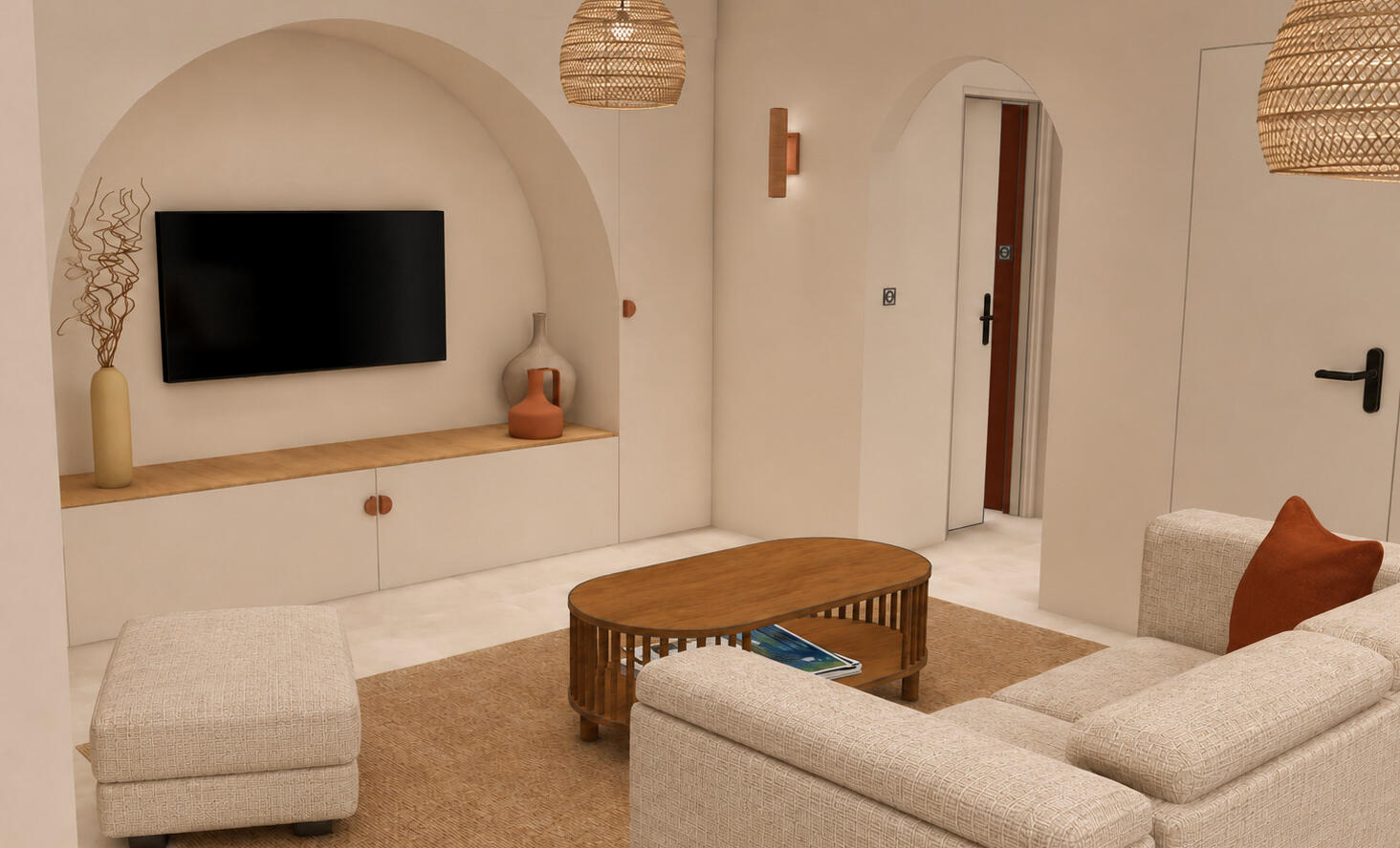 Salon voûté style méditerranéen — Atelier Luzons Salon avec niche arquée et meuble TV suspendu, ambiance méditerranéenne, agencement Atelier Luzons