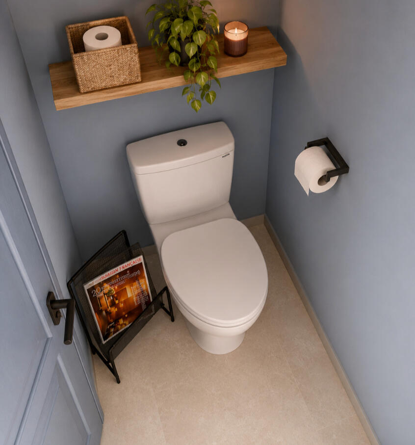 Toilettes bleu ciel avec étagère bois — Atelier Luzons Toilettes peintes en bleu ciel avec étagère en bois et plante, aménagement Atelier Luzons 2.