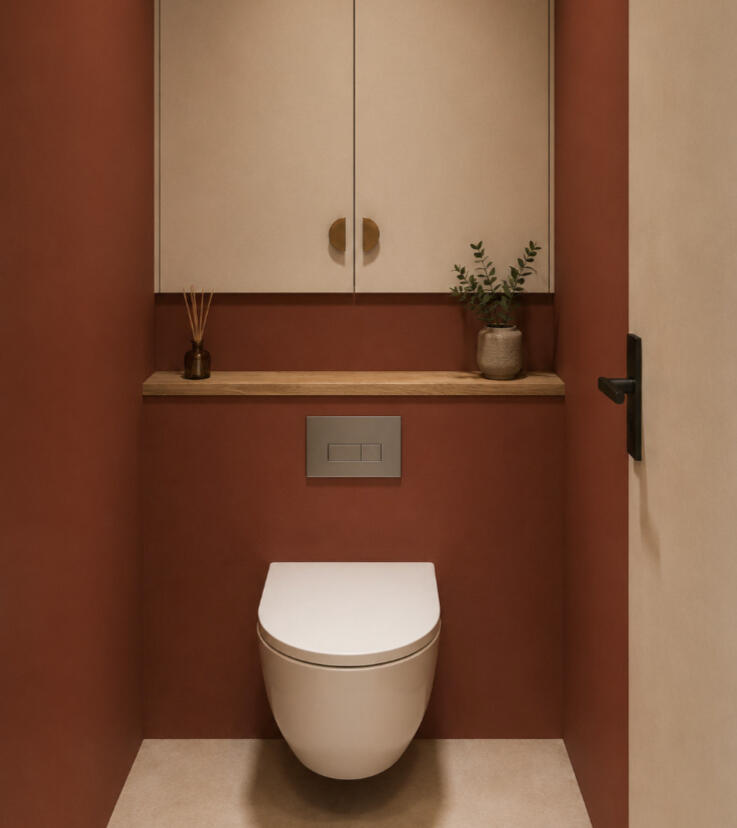 WC suspendu design — Atelier Luzons Toilettes avec meuble suspendu terracotta et cuvette suspendue, rénovation Atelier Luzons