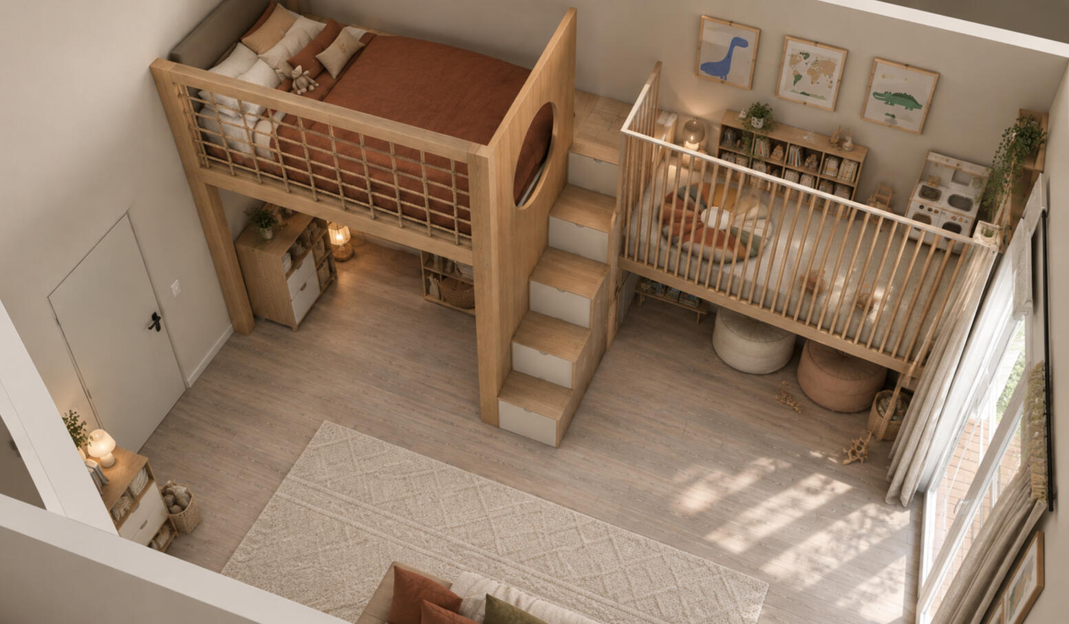 Chambre enfant avec lit cabane mezzanine — Atelier Luzons Chambre d'enfant avec lit cabane surélevé en bois et coin lecture, aménagement Atelier Luzons