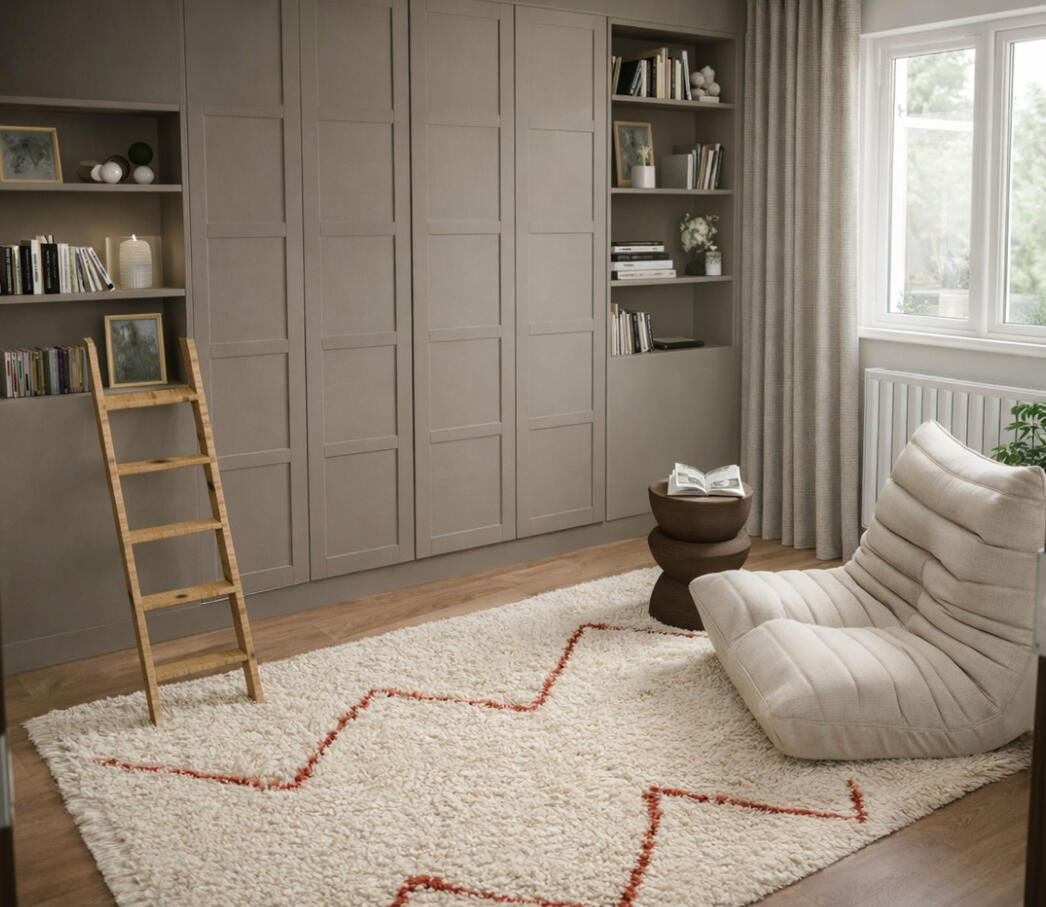 Bibliothèque sur mesure avec rangements — Atelier Luzons Bibliothèque gris sur mesure avec lit escamotable, échelle en bois et tapis berbère zigzag, aménagement Atelier Luzons