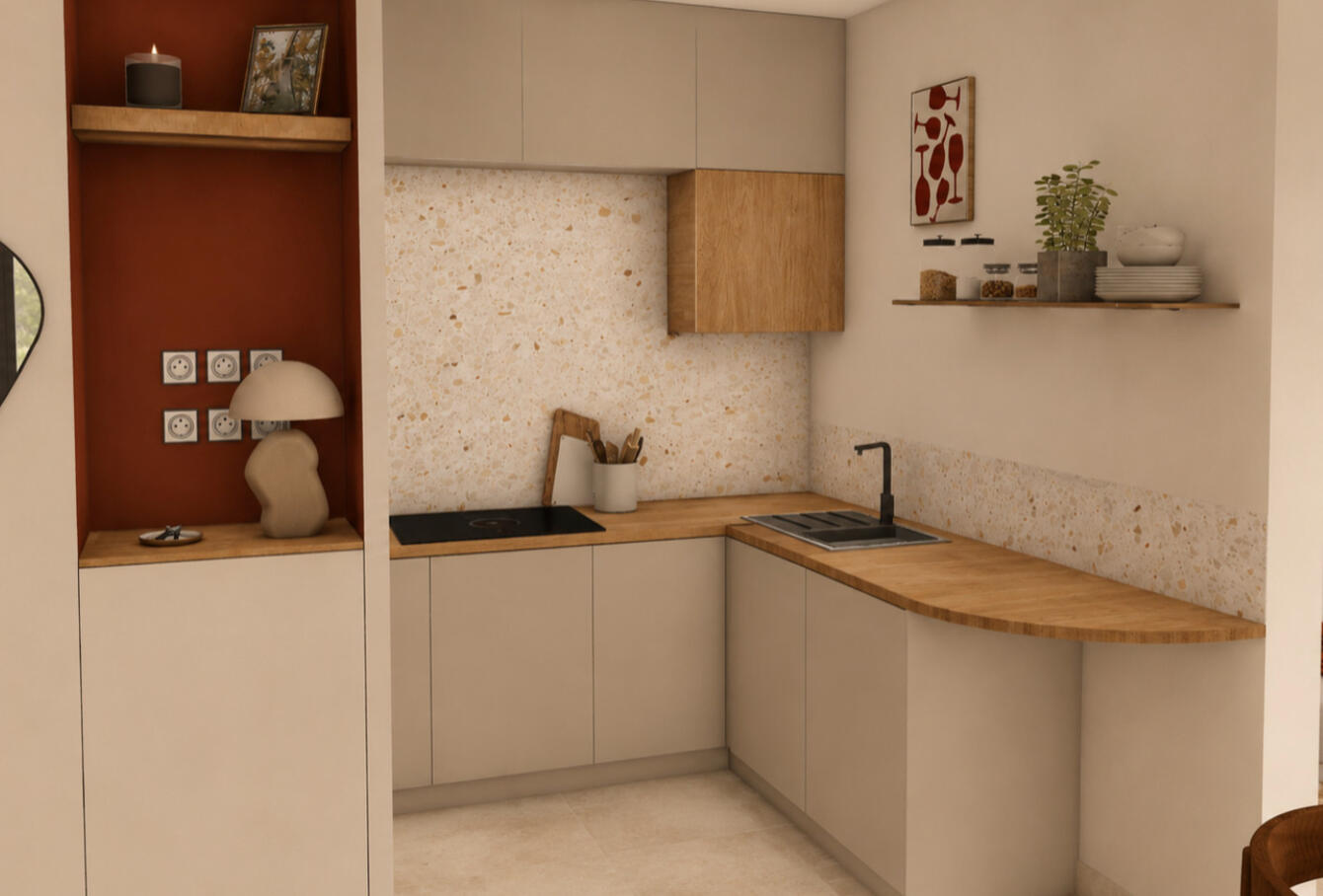 Cuisine ouverte avec niche terracotta — Atelier Luzons Cuisine ouverte avec façade blanche, crédence terrazzo et niche murale terracotta, agencement Atelier Luzons